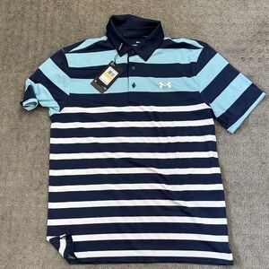 Under Armour Men's Polo Shirt - Light Blue and Navy Stripes